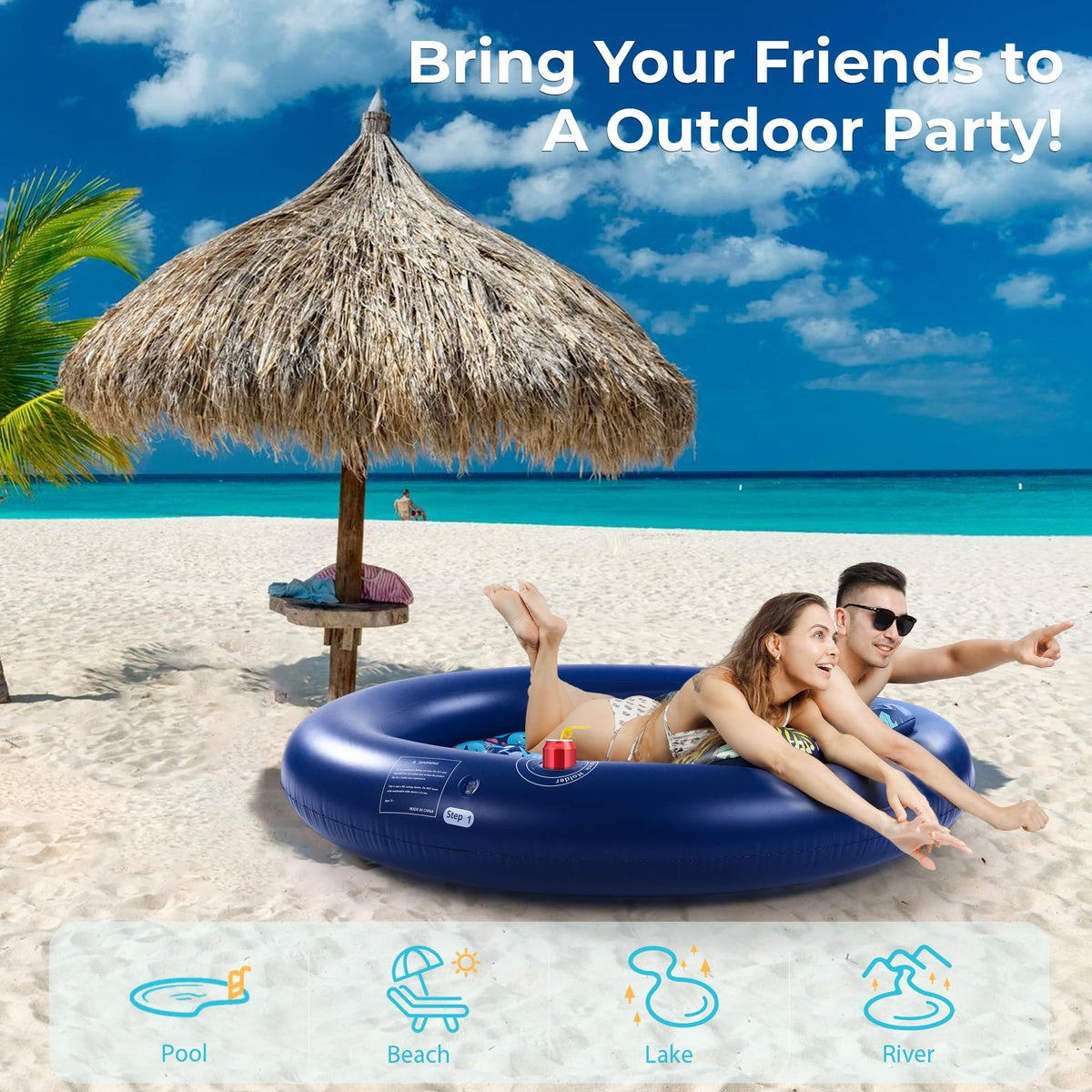 2-Person Inflatable Pool Float Mat with Canopy, 75" x 75"