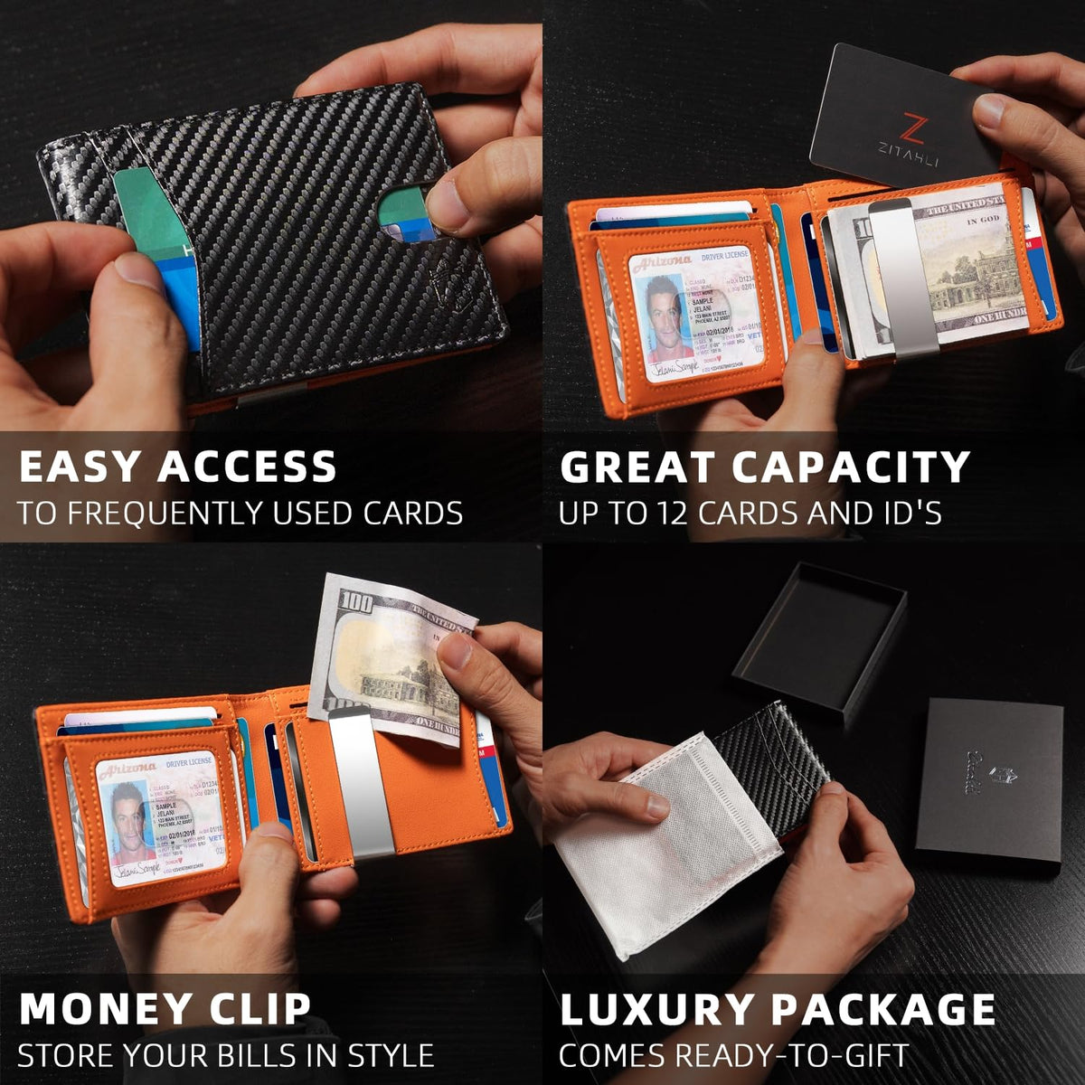 Zitahli Slim RFID-Blocking Bifold Wallet, 12 Slots, Black/Orange