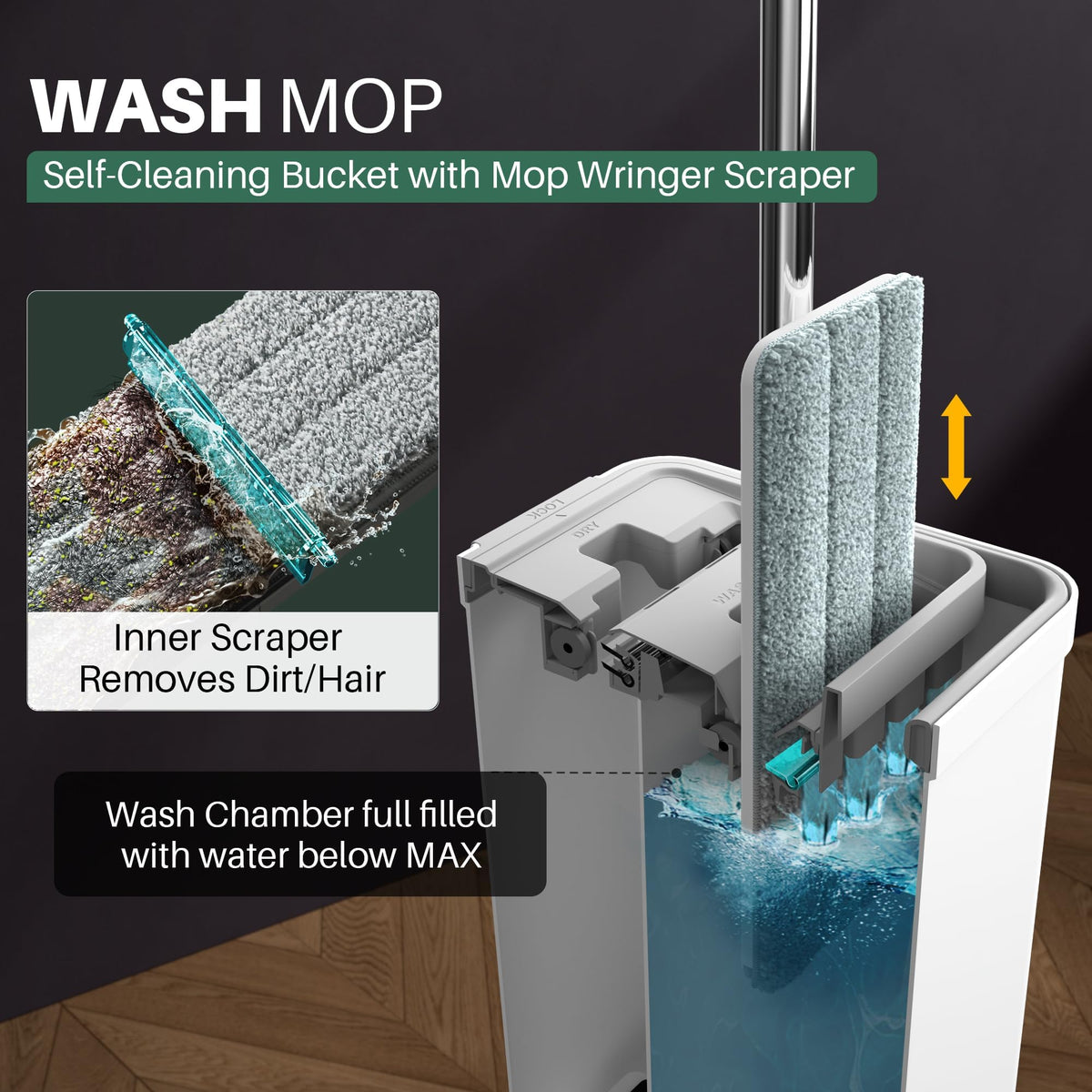JOYMOOP Flat Mop and Bucket with Wringer, 3 Microfibre Pads