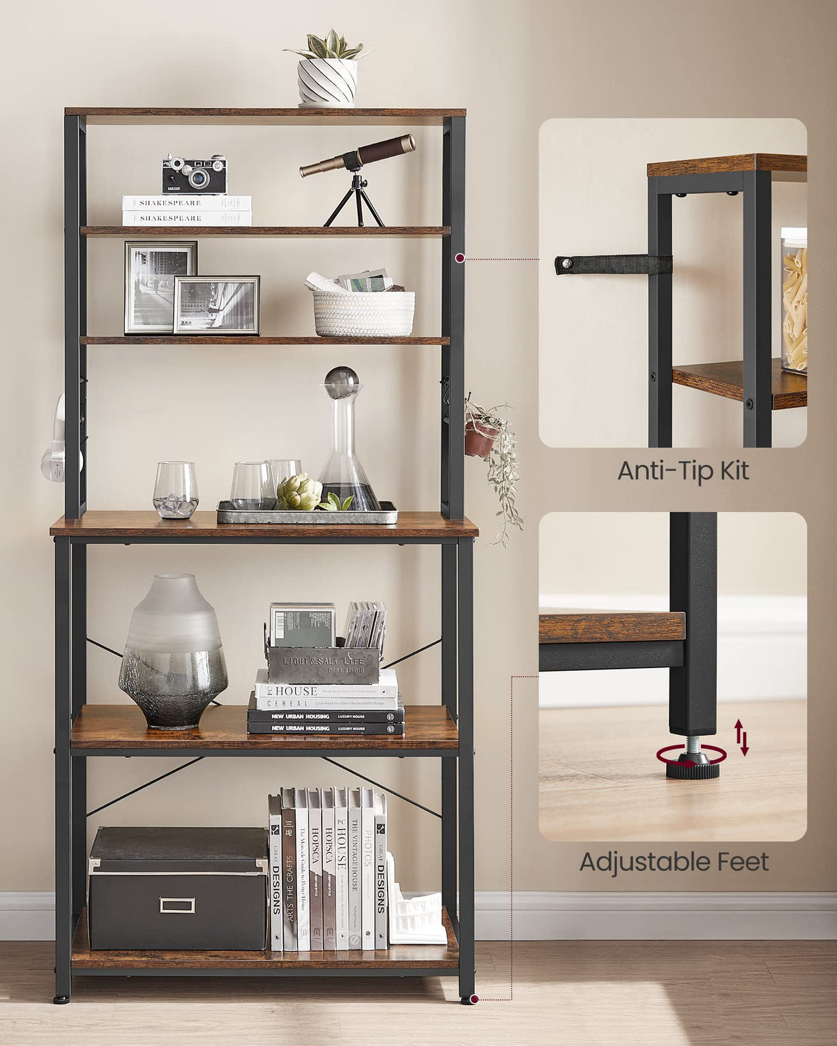 VASAGLE Coffee Bar Baker's Rack, 6-Tier, Rustic Brown, UKKS019B01