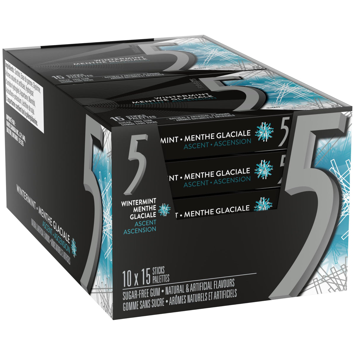 5 Gum Wintermint Ascent Sugar-Free Gum, 15 Sticks x 10 Packs