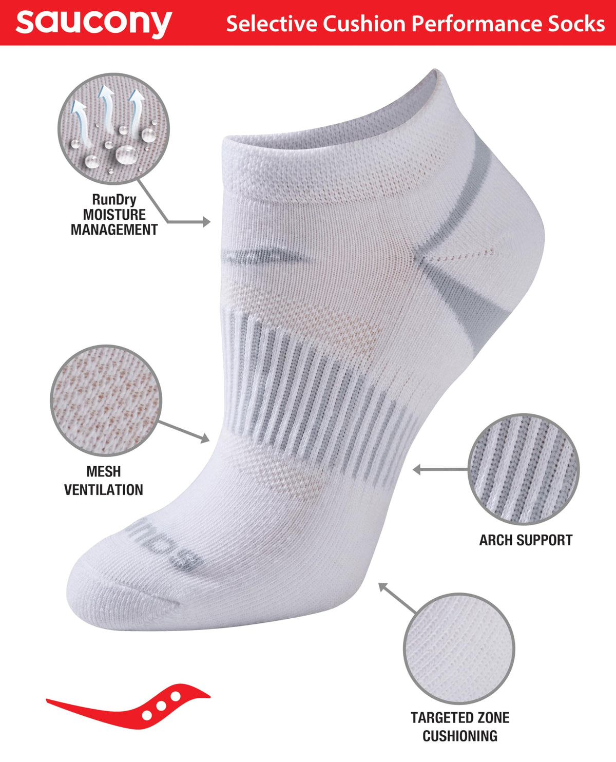 Saucony Women's Selective Cushion Socks, White, Medium (6 Pairs)