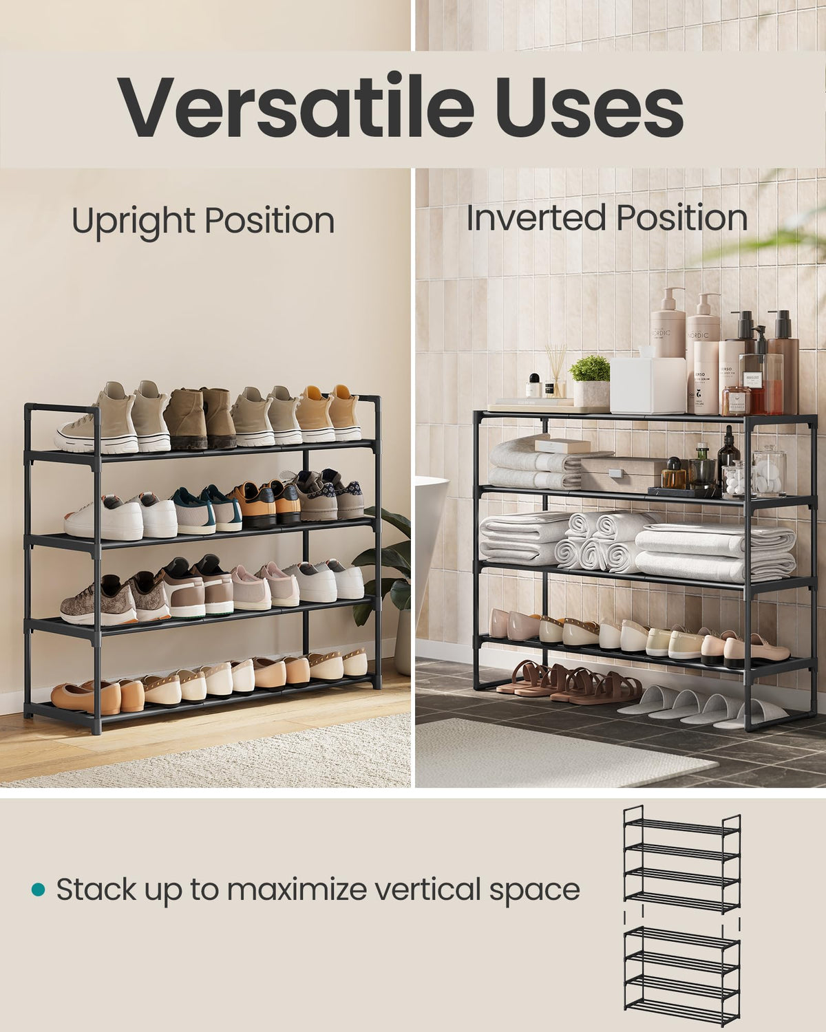 SONGMICS 4-Tier Stackable Shoe Rack, Black ULSA14BK
