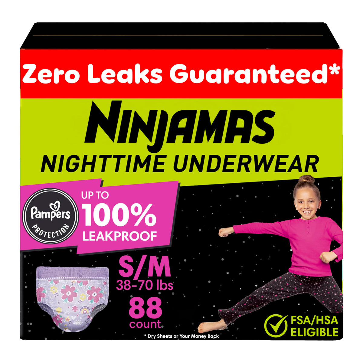 Pampers Ninjamas Nighttime Bedwetting Underwear Girl, Size 7, 88 Count