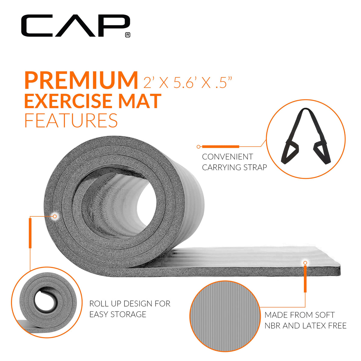 CAP Barbell High-Density Exercise Mat, 68" x 24", 12 mm, Grey