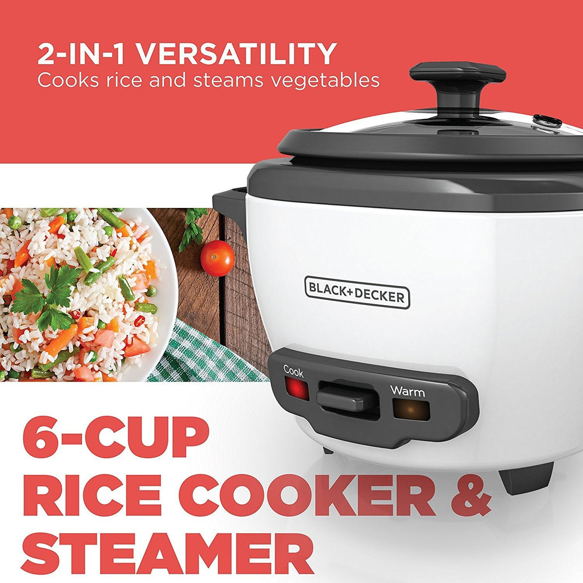 BLACK+DECKER 2-in-1 Rice Cooker and Food Steamer, 6-Cup