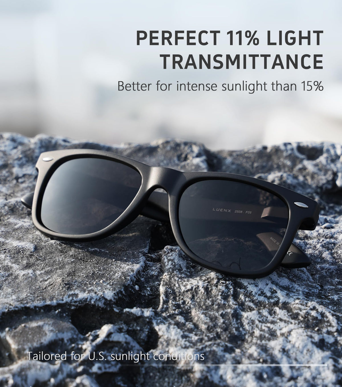 LUENX Square Polarized Sunglasses, Matte Black, 54 mm