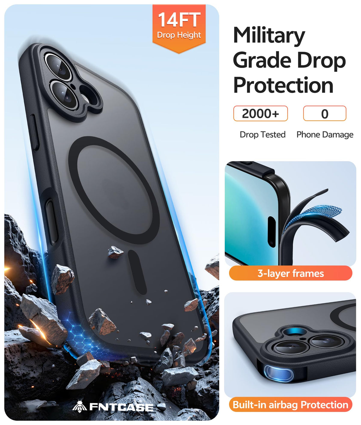 FNTCASE Magnetic Translucent Matte Case for iPhone 16, Black