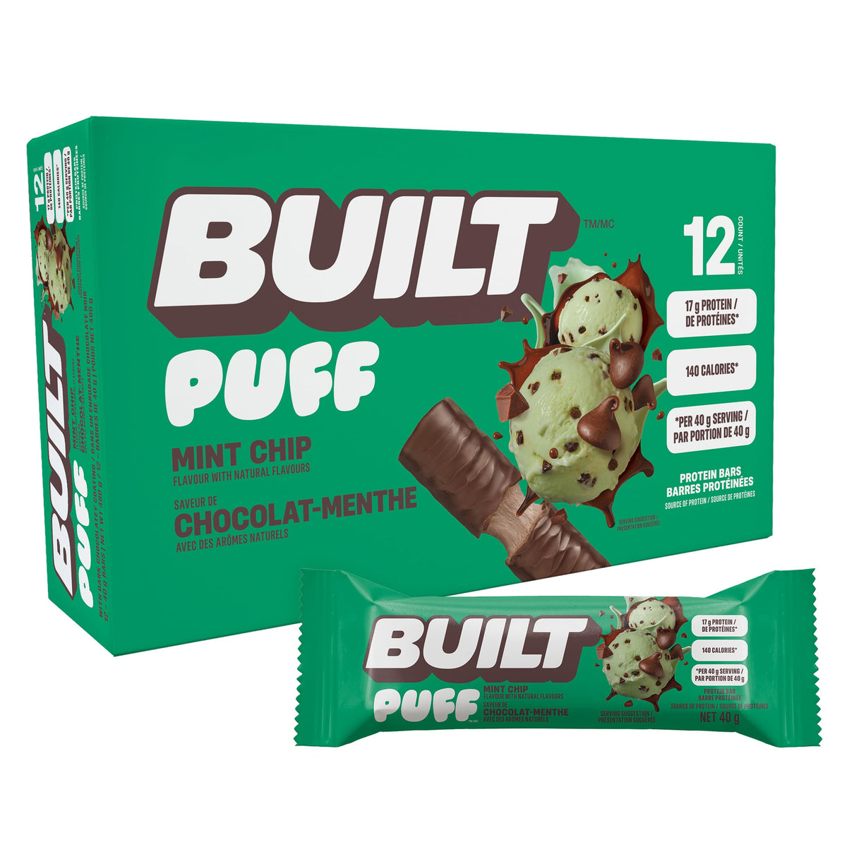 BUILT Puff Protein Bars, Mint Chip, 12 Count