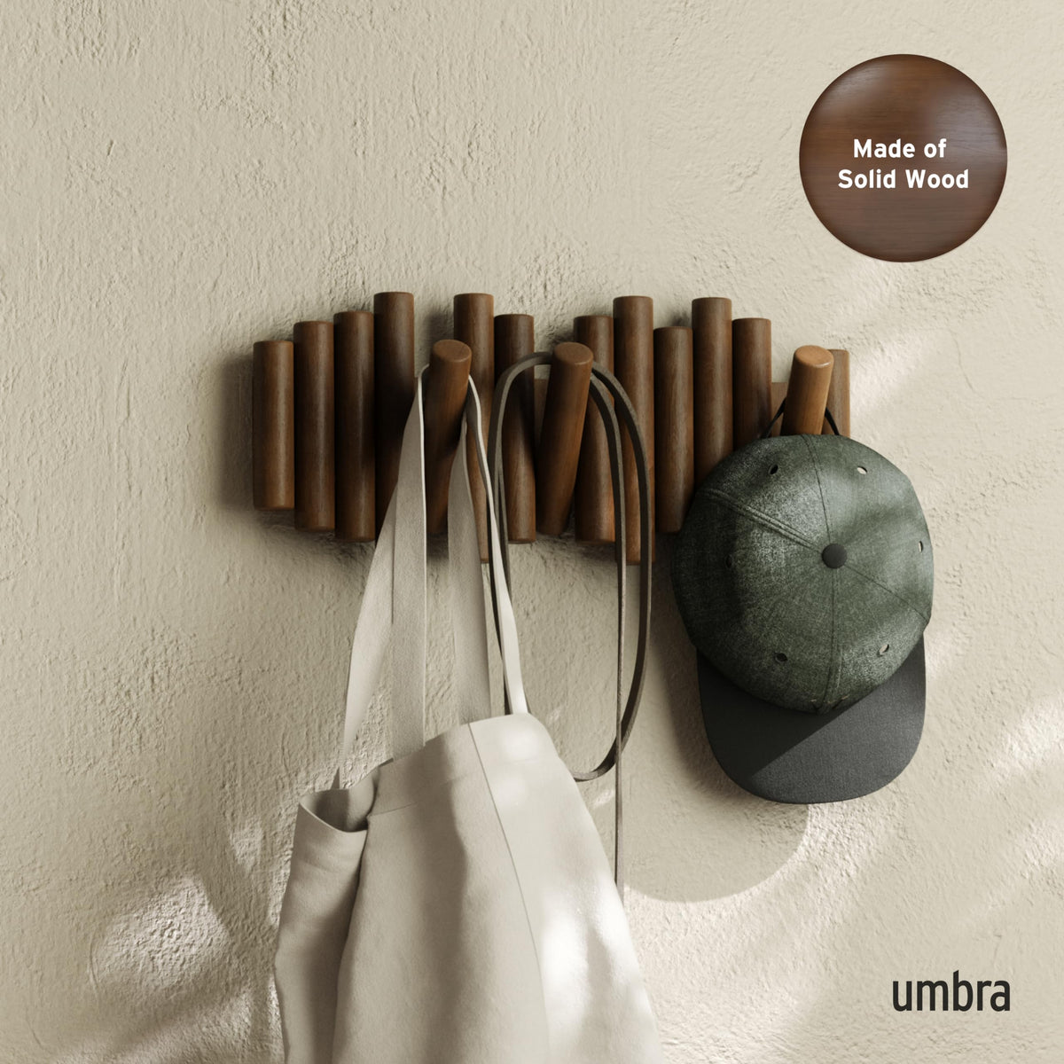 Umbra Picket Wall-Mounted Coat Rack, 5 Retractable Pegs, Walnut