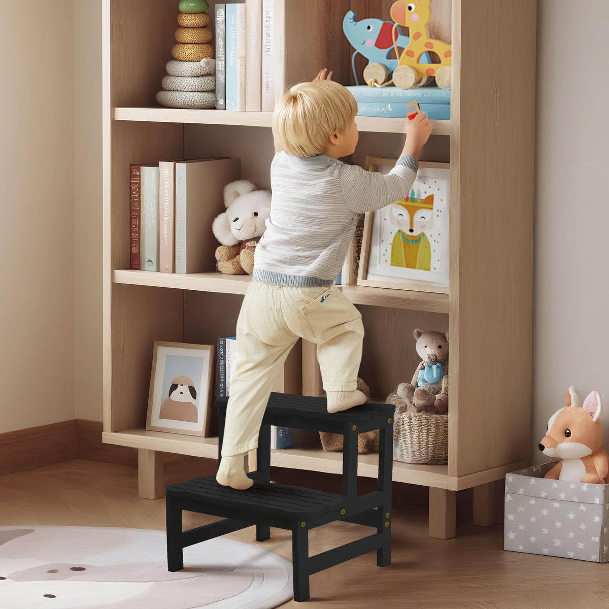 COSYLAND Bamboo Two Step Stool for Kids, 300 lbs, Black