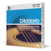 D'Addario EJ16 Phosphor Bronze Acoustic Guitar Strings, 3 Pack, 12-53