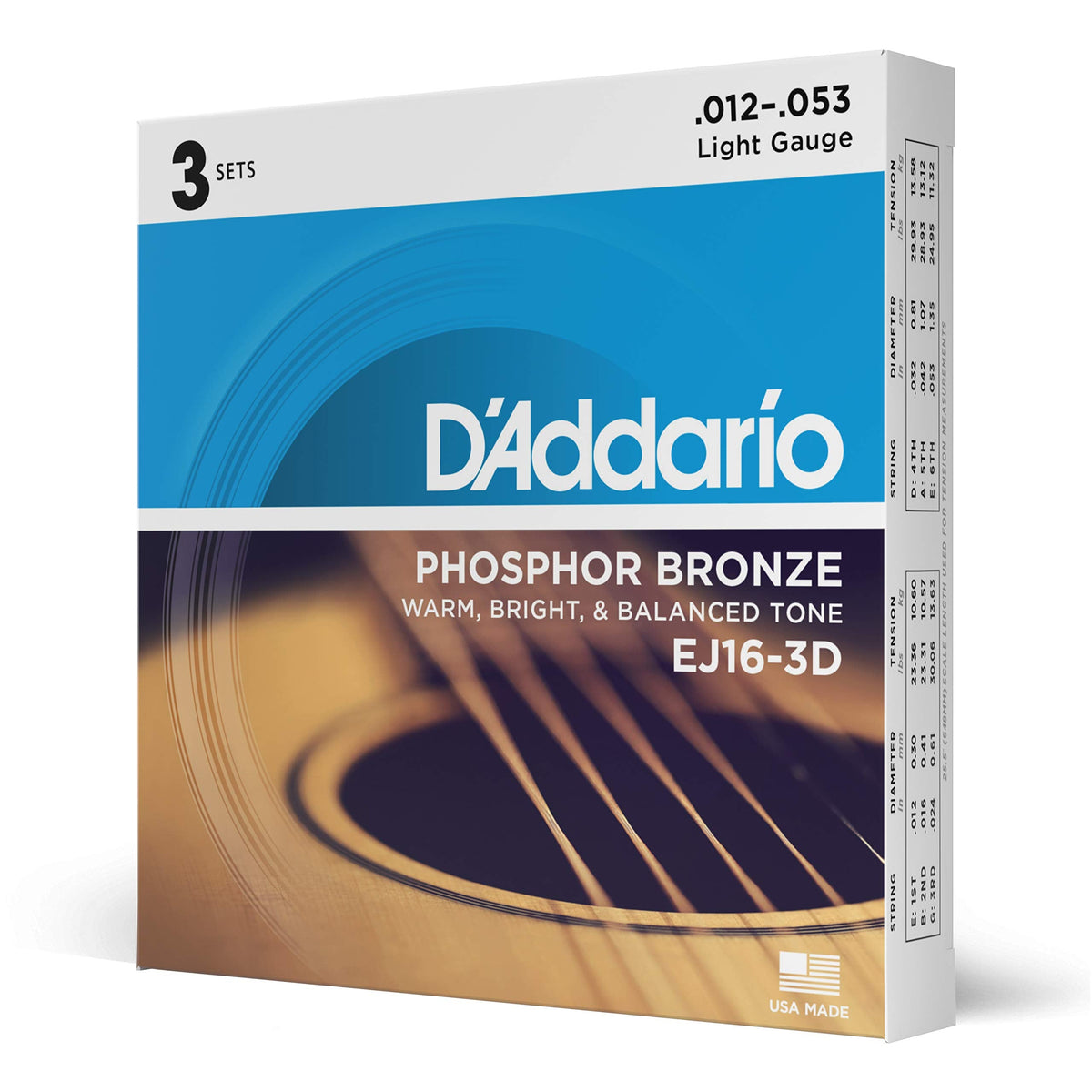 D'Addario EJ16 Phosphor Bronze Acoustic Guitar Strings, 3 Pack, 12-53