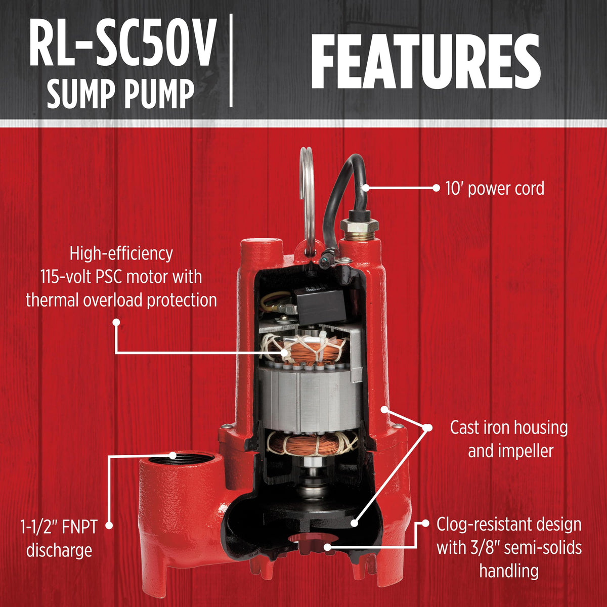 Red Lion RL-SC50V Cast Iron Sump Pump, 1/2 HP, 4300 GPH, 115V