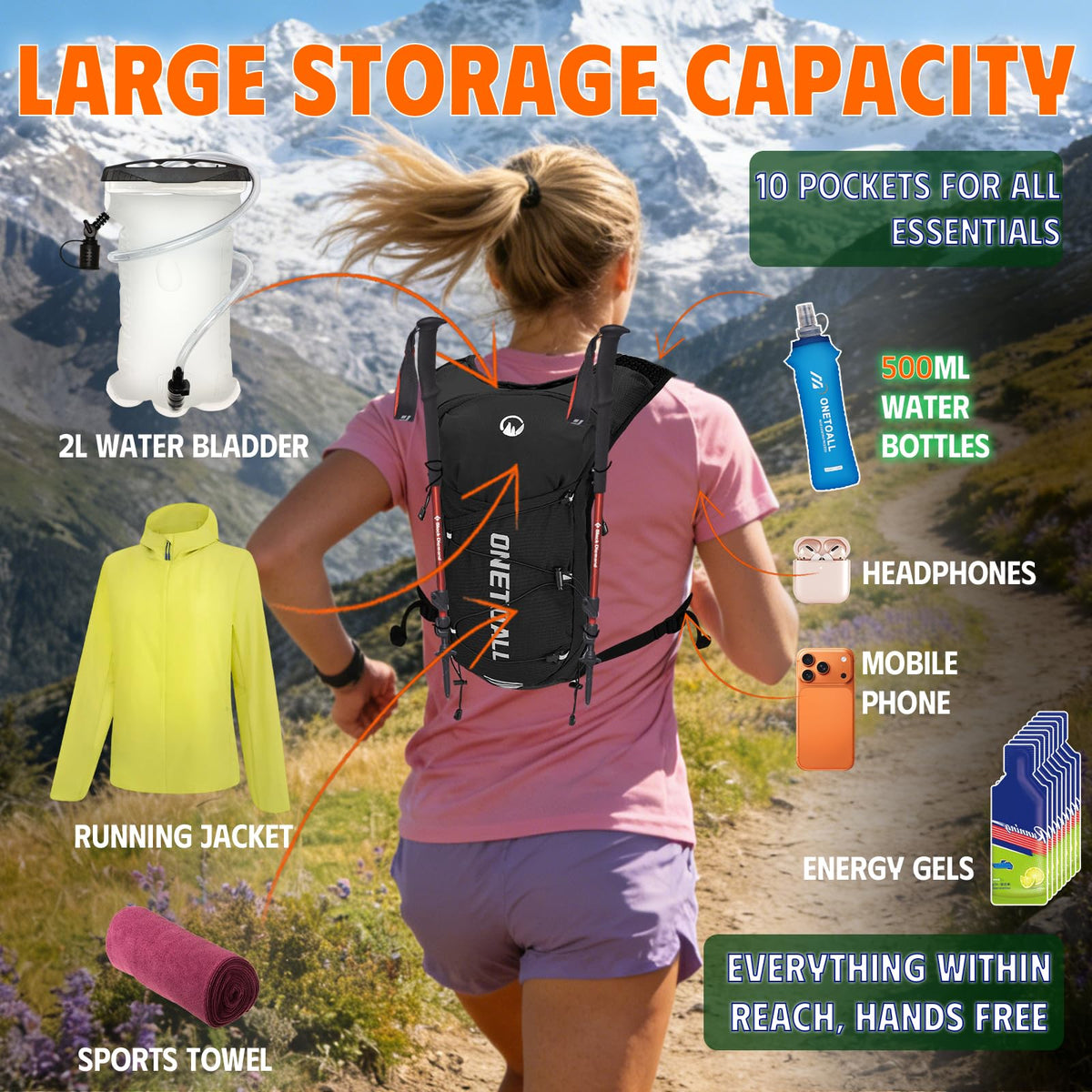 Onetoall Running Vest, 6 L, 500 ml Flask Included, Black