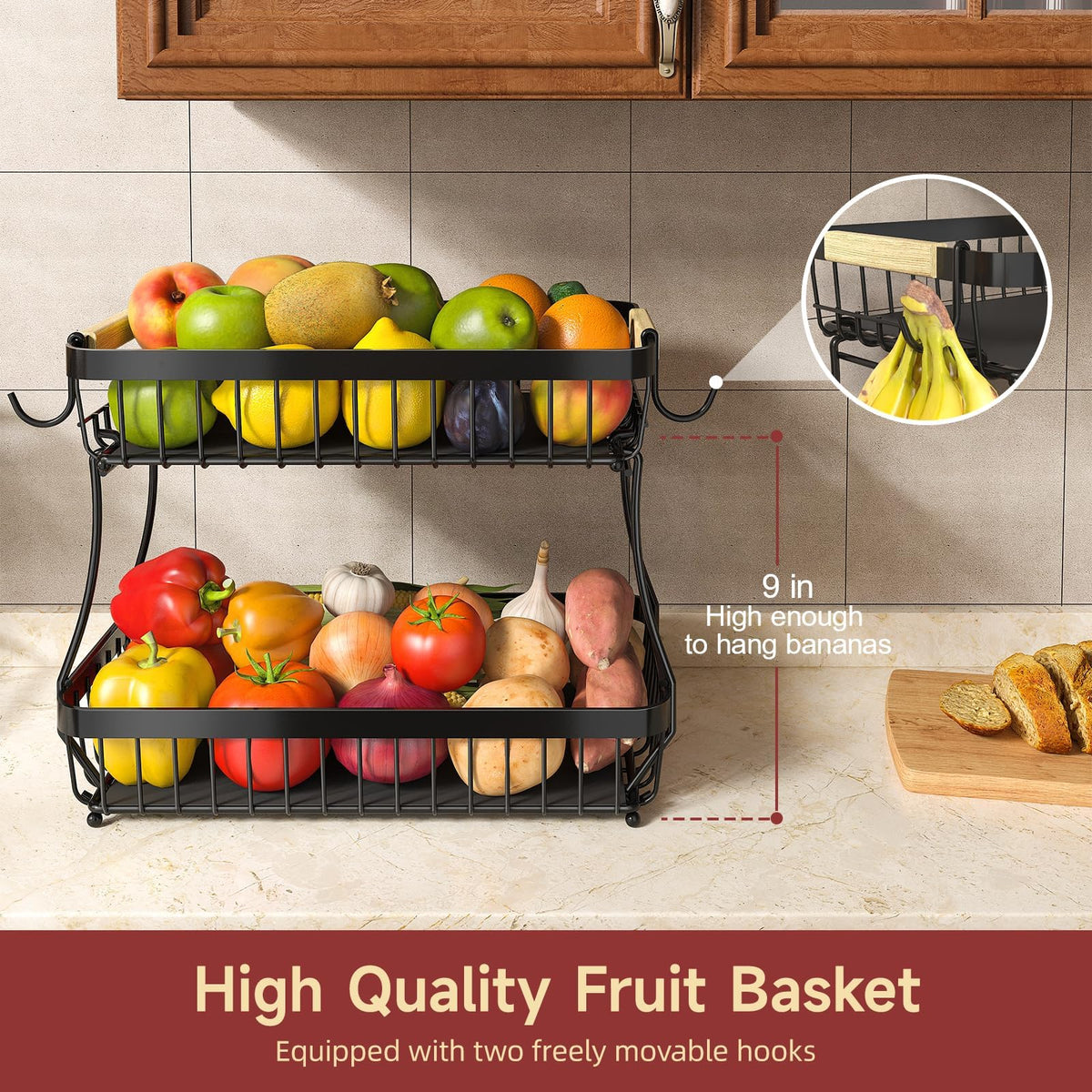 2-Tier Metal Fruit Bowl with Banana Holders