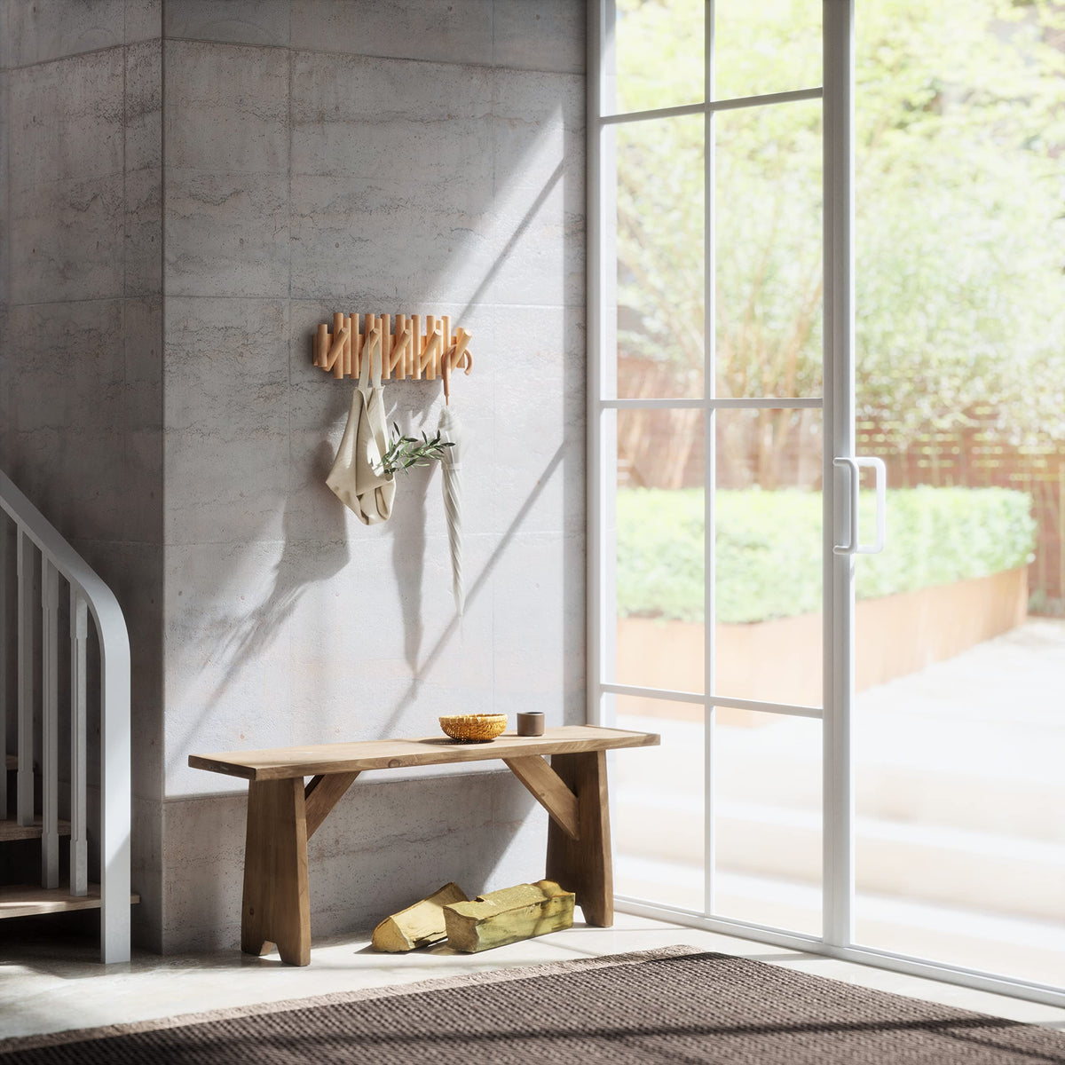Umbra Picket Coat Rack, 5 Flip-Down Wood Hooks, Natural
