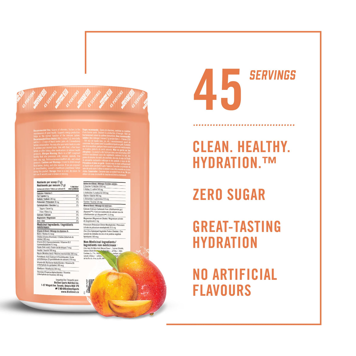 BioSteel Zero Sugar Hydration Mix, Peach Mango, 45 Servings