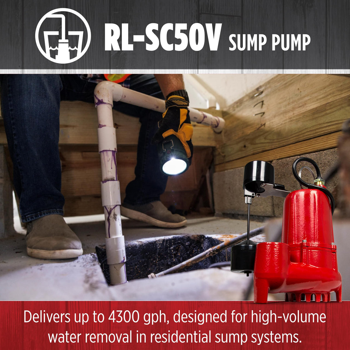 Red Lion RL-SC50V Cast Iron Sump Pump, 1/2 HP, 4300 GPH, 115V