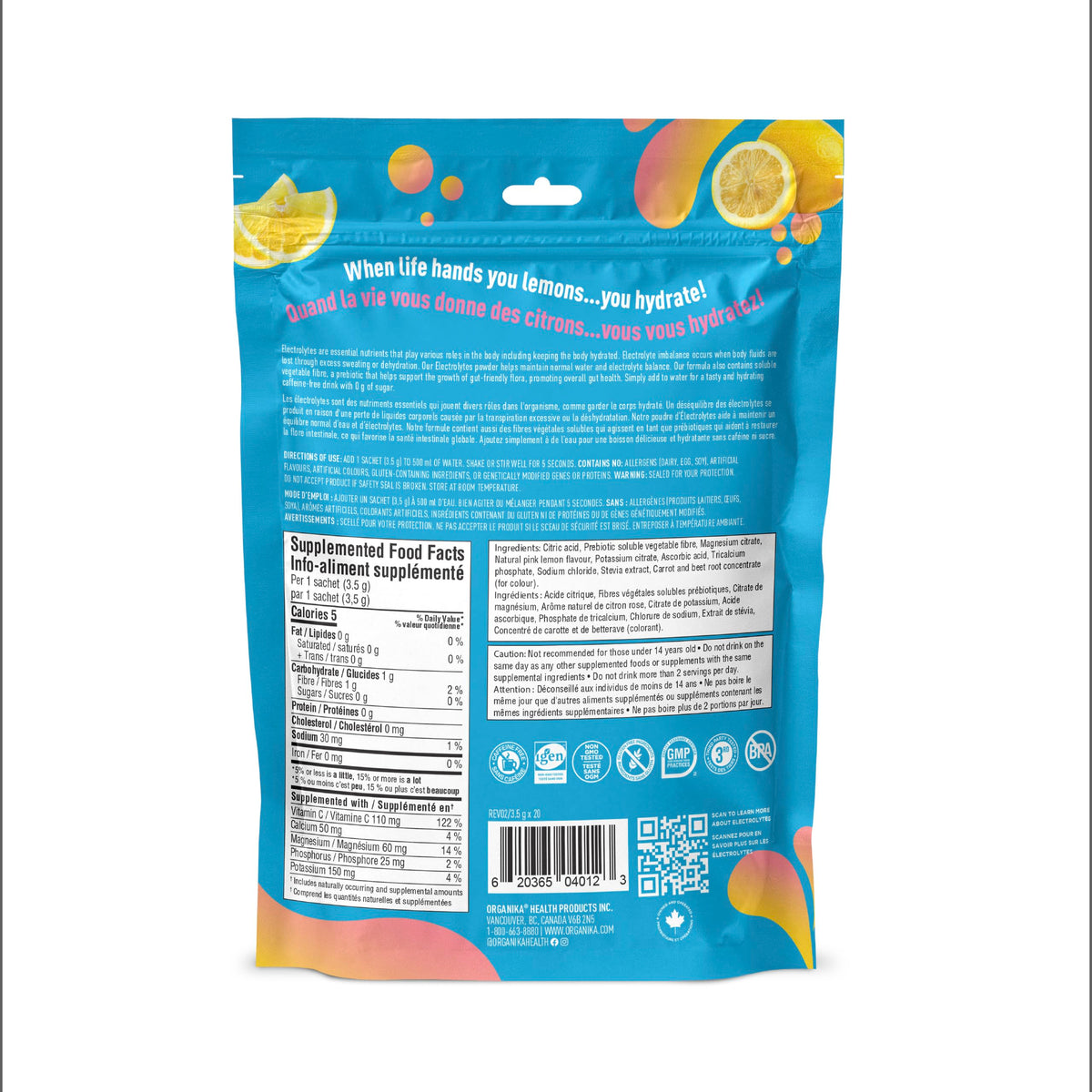 Organika Electrolytes Powder, Pink Lemonade, 20 Sachets