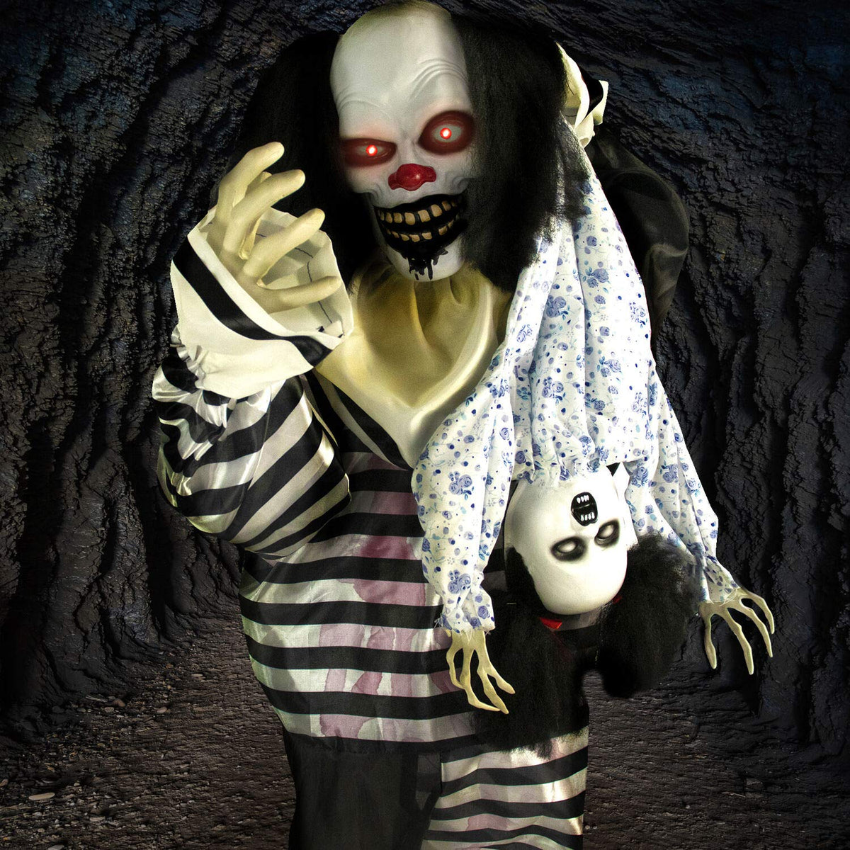 Haunted Hill Farm Life-Size Animatronic Talking Clown with Doll