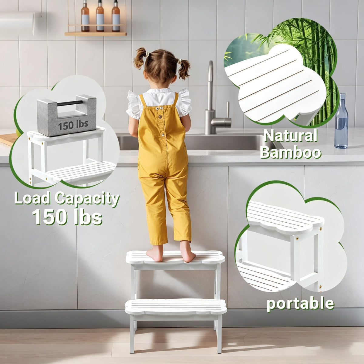 COSYLAND Bamboo Two Step Stool for Kids, 300 lbs, White