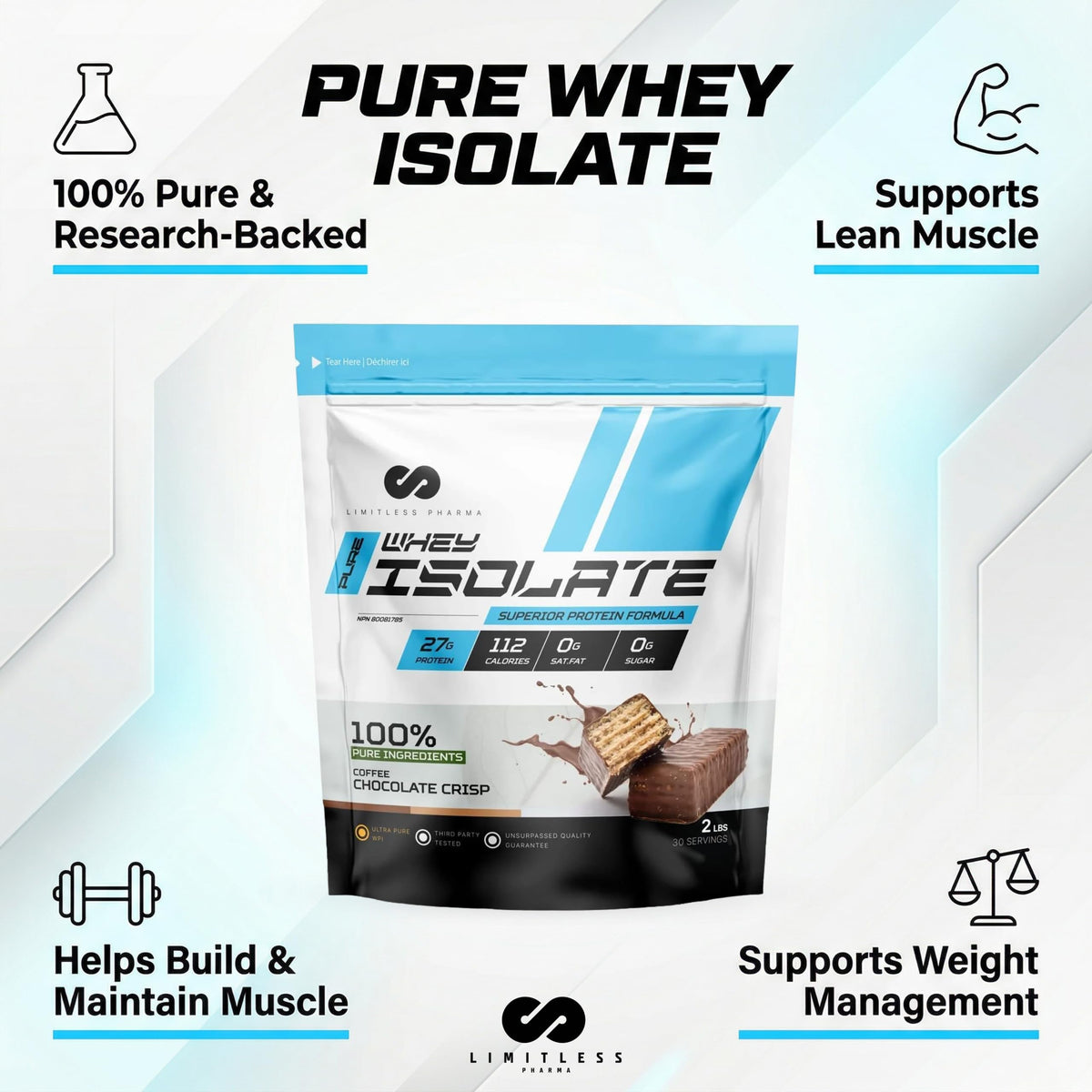 Limitless Pharma Pure Whey Isolate, Vanilla, 2 lb