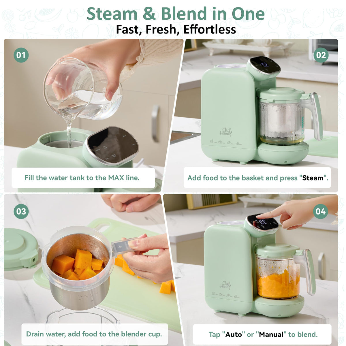 Chefhandy 5-in-1 Baby Food Maker with Steam Basket, Green