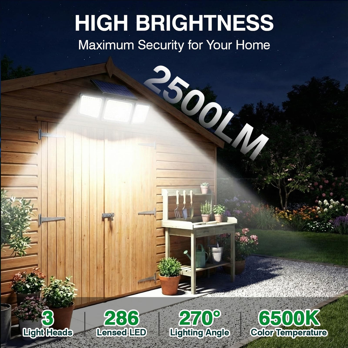 Solar Motion Sensor Outdoor Light, 2500LM, 286 LED, 3-Head, 2 Pack