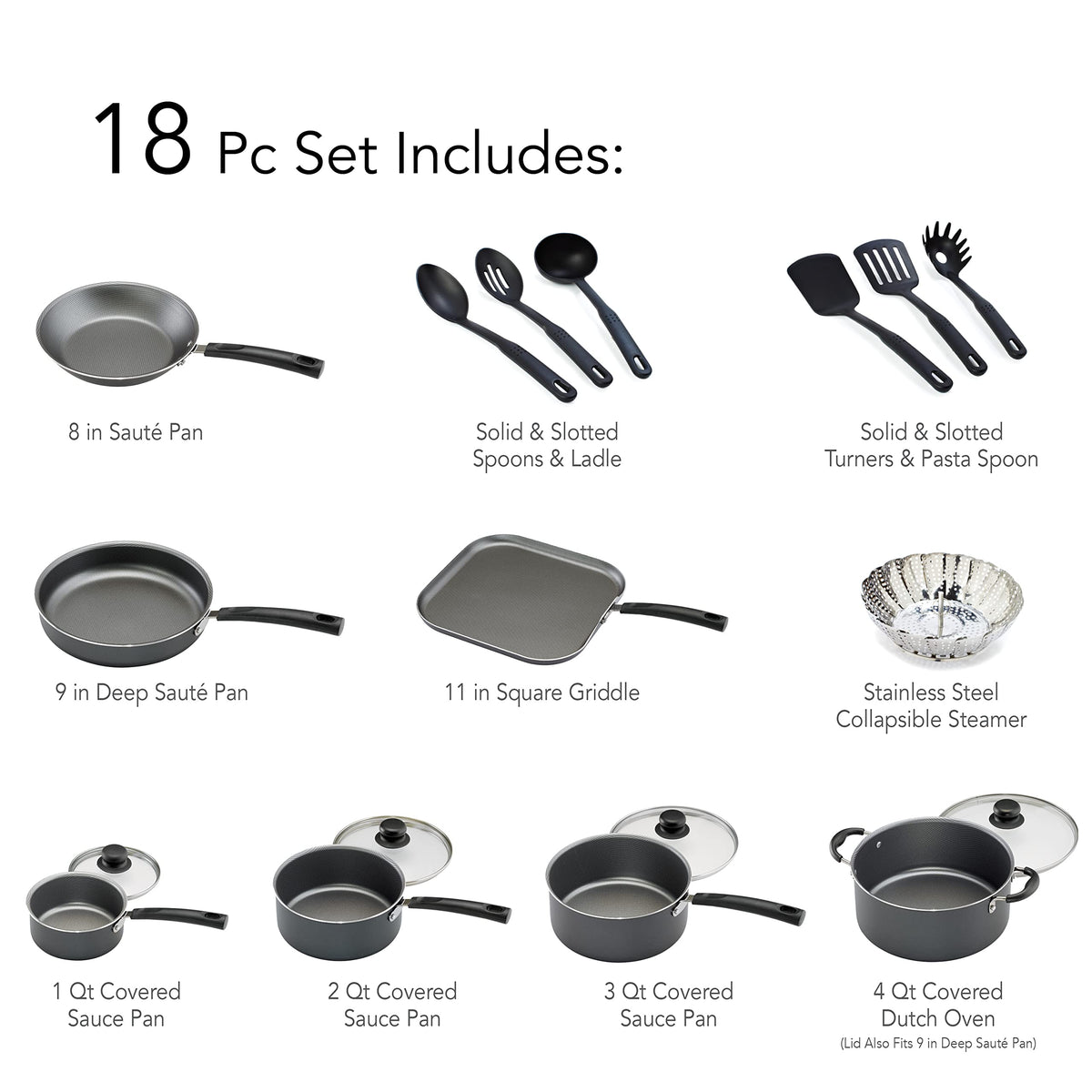 Tramontina PrimaWare 18-Piece Nonstick Cookware Set, Gray