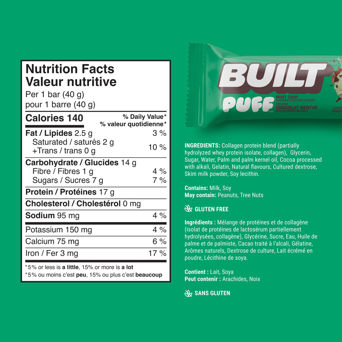 BUILT Puff Protein Bars, Mint Chip, 12 Count