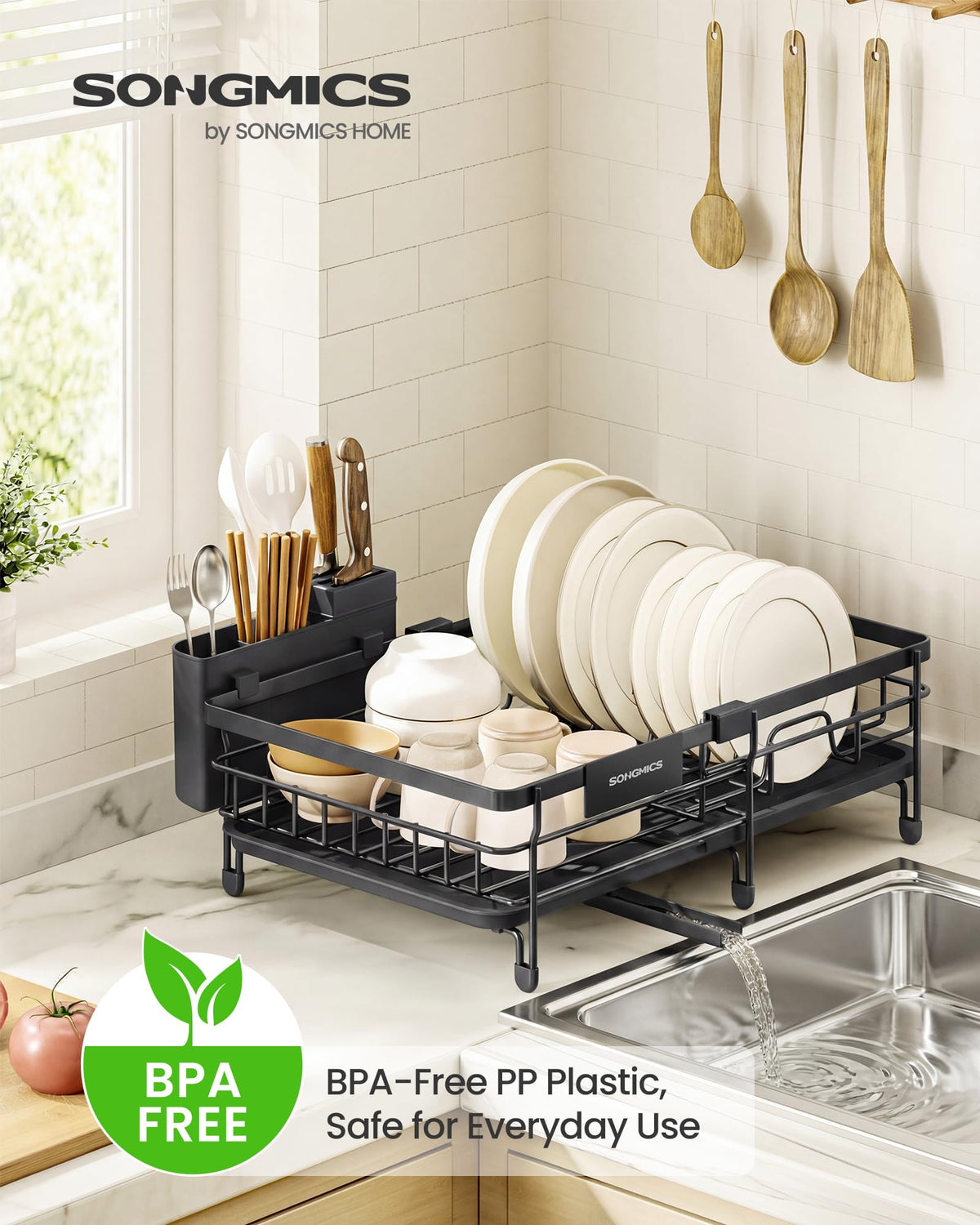 SONGMICS Extendable Dish Drainer Rack, 46.5 x 29.6 x 14 cm, KCS556BH01