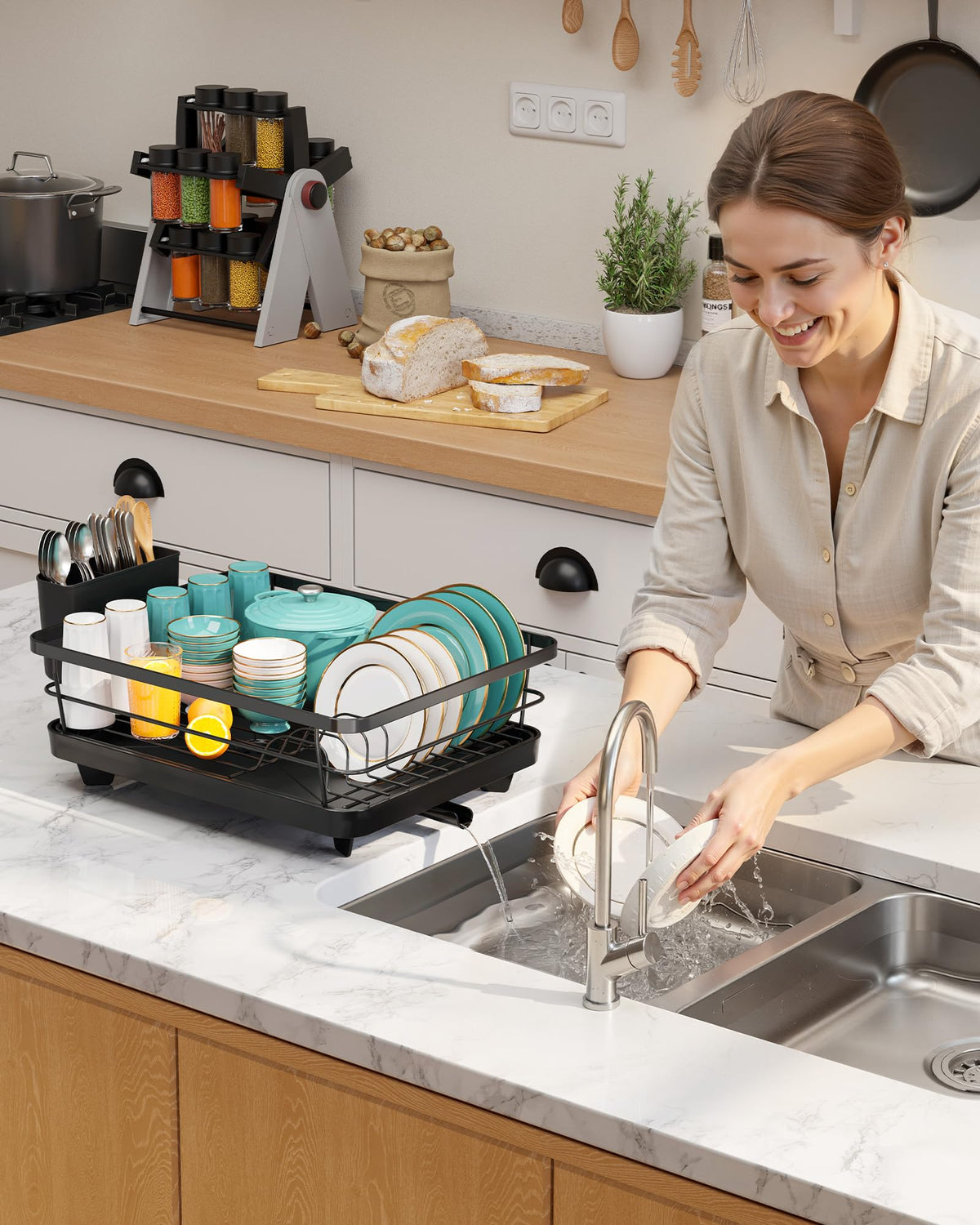 Sakugi Stainless Steel Dish Drying Rack with Drain Board, Black, Large