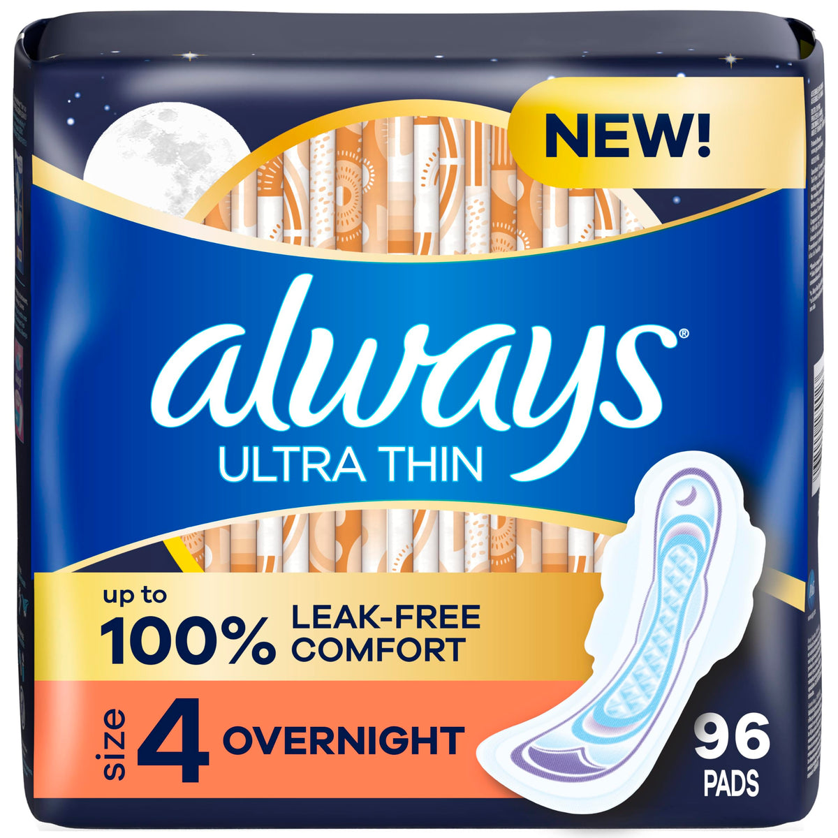 Always Ultra Thin Overnight Pads with Wings, Size 4, 96 Count
