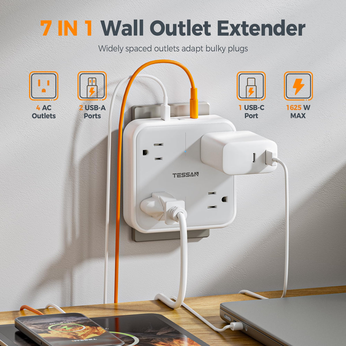 TESSAN 4 Outlet Wall Extender with USB-C & 2 USB-A Ports, Grey