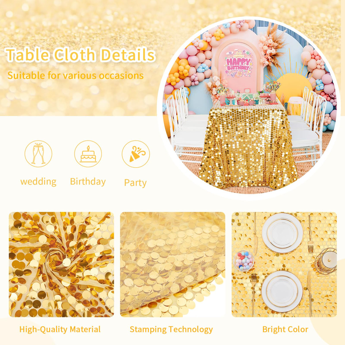 B-Cool Gold Sequin Tablecloth, 50x102 Inch, Rectangle