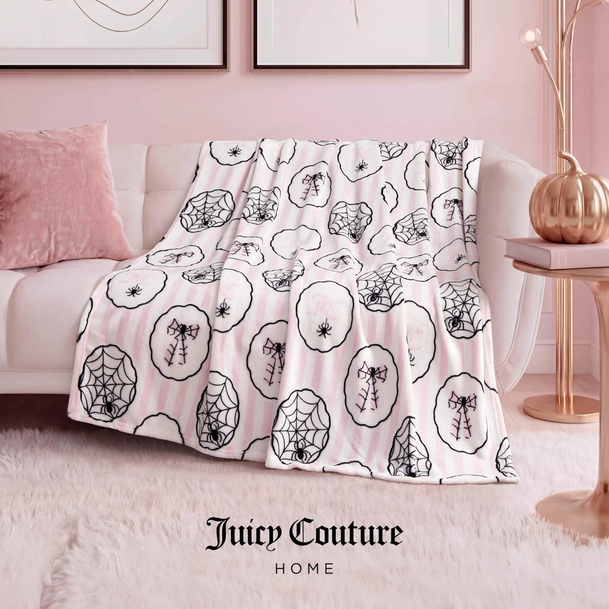 Juicy Couture Spider Stripe Throw Blanket, Light Pink, 50x60 Inch