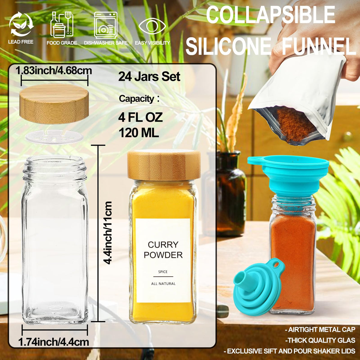AISIPRIN Glass Spice Jars with Bamboo Lids & Labels, 4 oz (24 Pack)