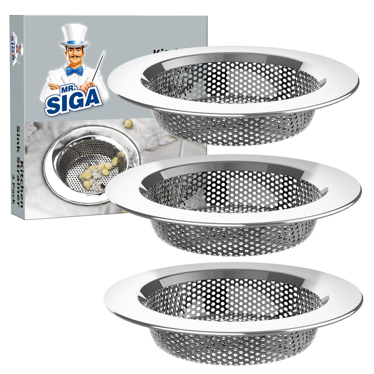 MR.SIGA Stainless Steel Kitchen Sink Strainer, 4.4" (3 Pack)