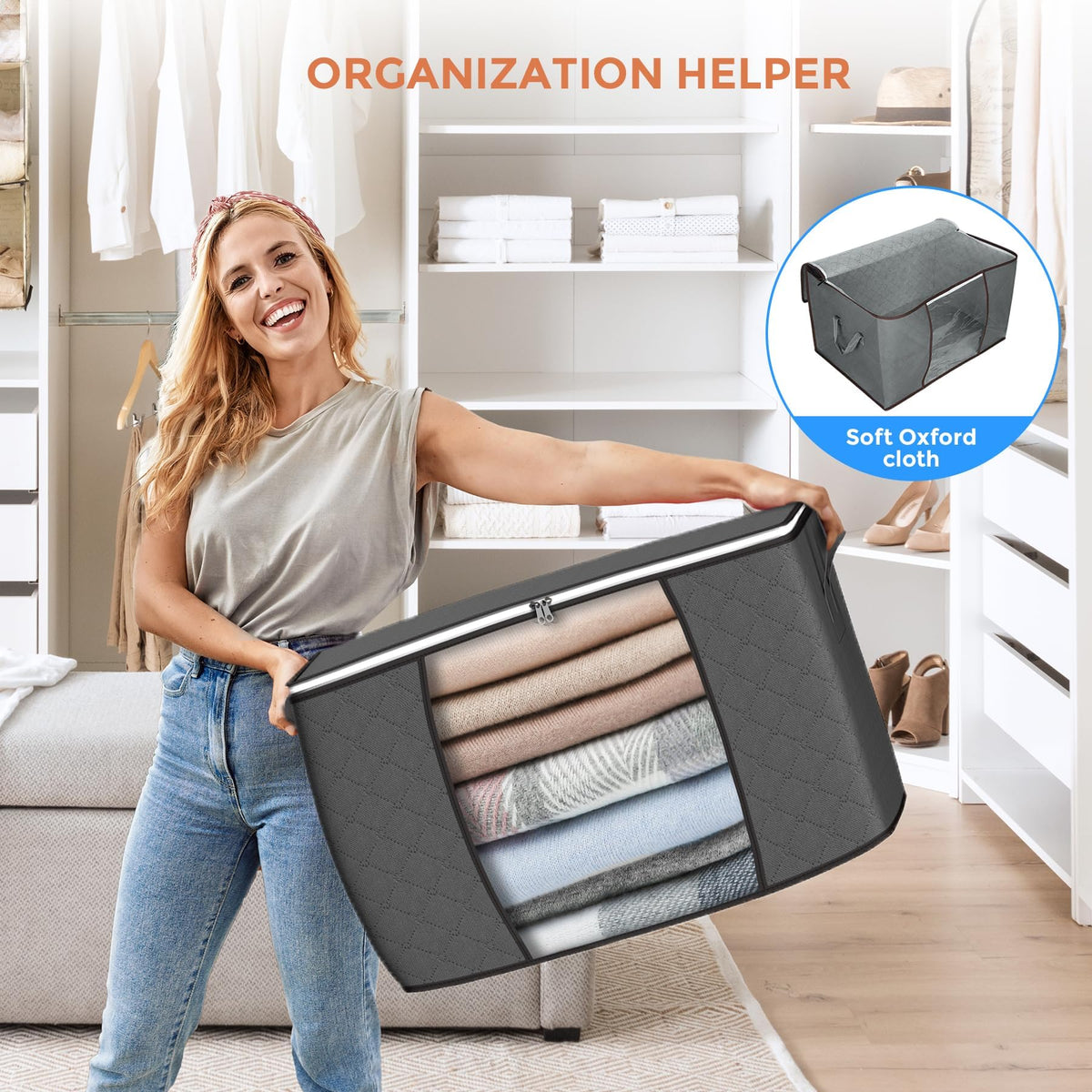 Foldable Clothes Storage Bags with Handles, 90 L, Gray, 6 Pack
