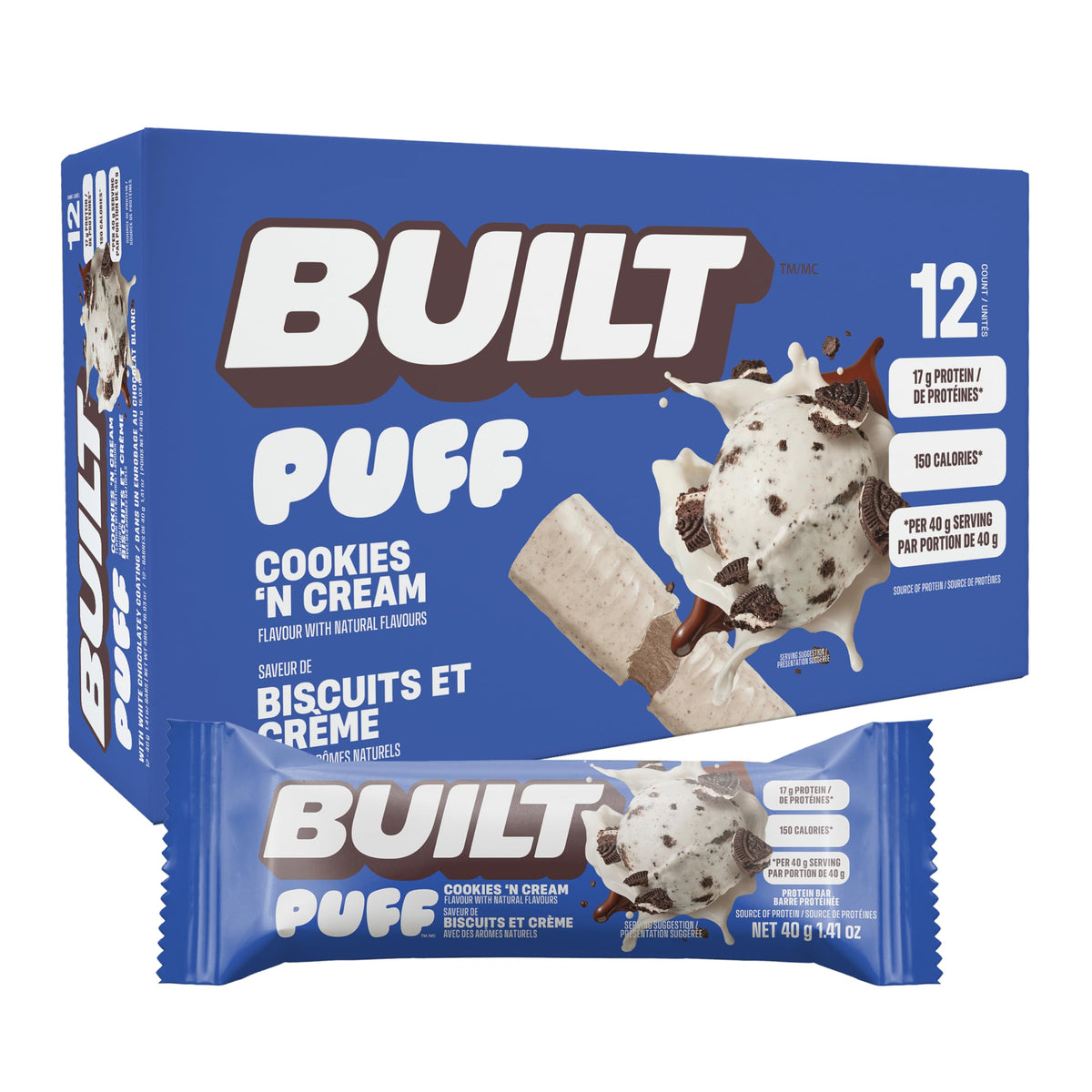 BUILT Puff Protein Bars, Cookies 'N Cream, 12 Count