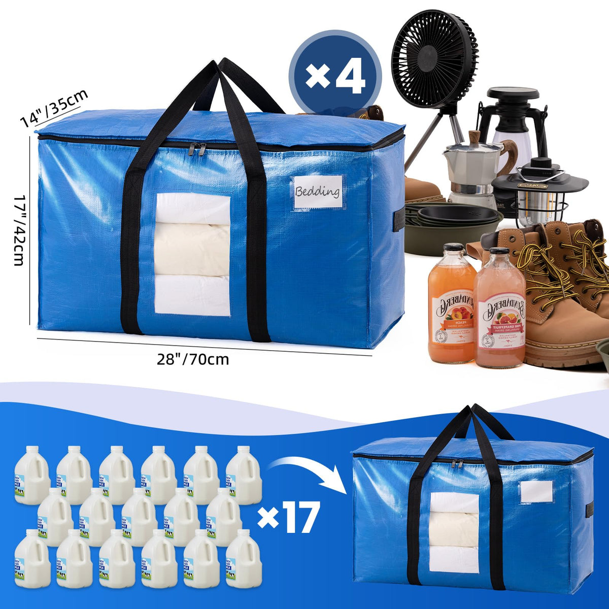 Taili Extra Large Moving Bags with Window, Blue, 4 Pack