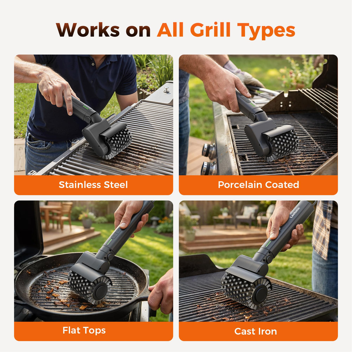 Leebein Cordless Electric Grill Brush with 3 Heads