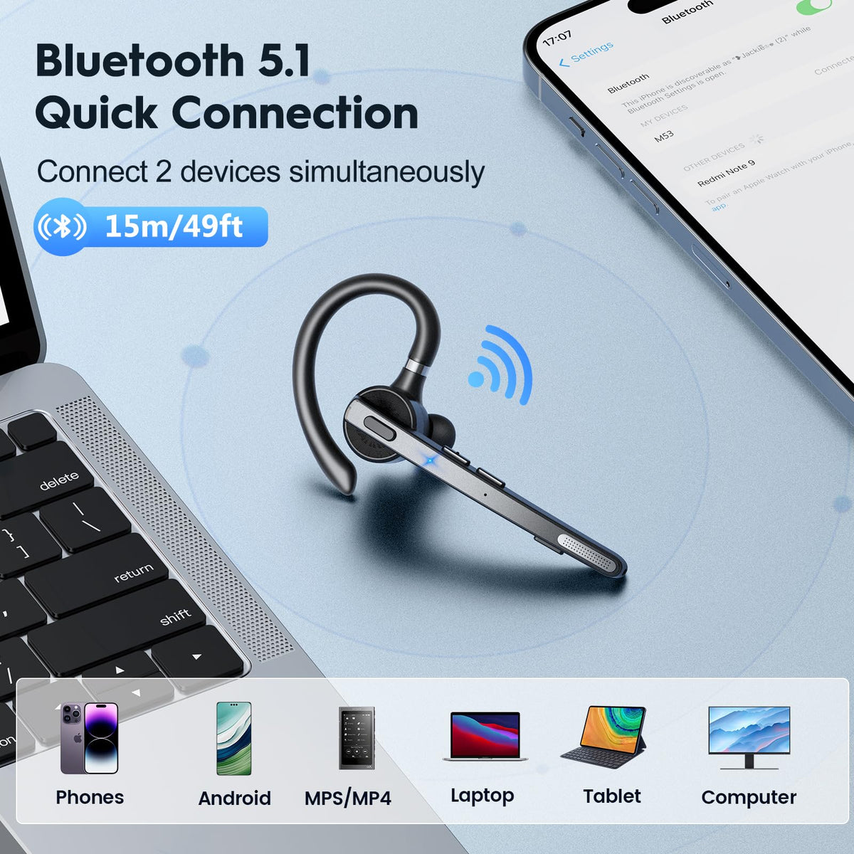 New bee Bluetooth Headset V5.1 with Charging Case, Dual Mic