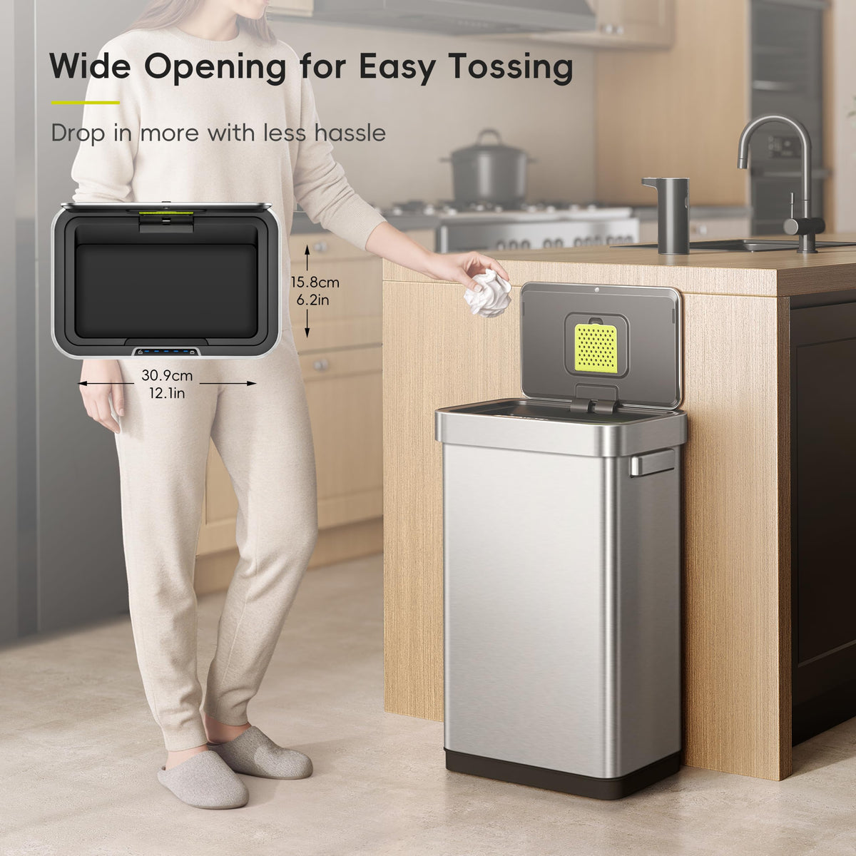 EKO Deluxe Mirage-T Touchless Trash Can, 50L, Matte Stainless Steel
