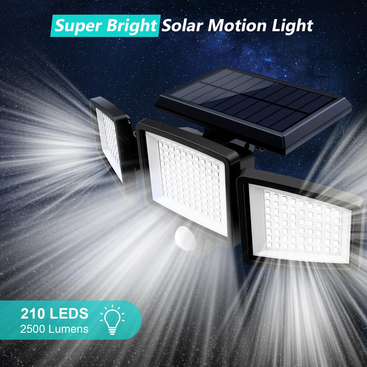 Solar Motion Sensor LED Flood Light, 3 Heads, 2500 lm