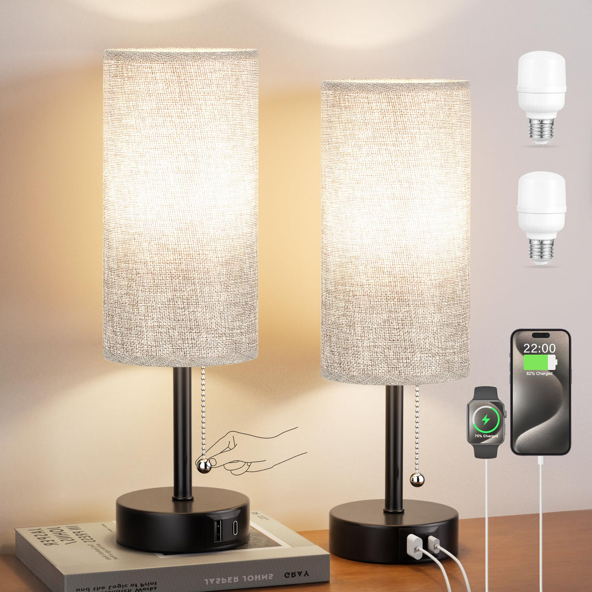 Grey Bedside Lamps with USB A and C Ports, Set of 2