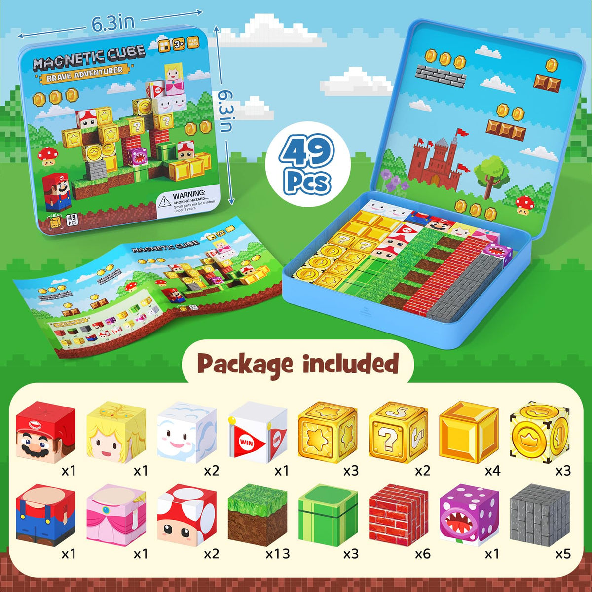 Mini Magnetic Building Blocks for Kids, 49 Pieces, with Iron Box