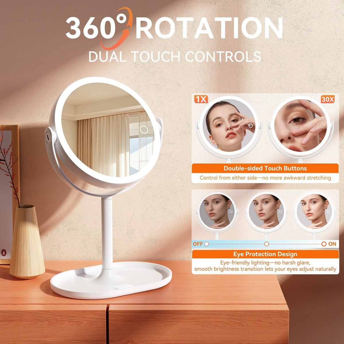 Auxmir Lighted Magnifying Makeup Mirror, 30X/1X, Rechargeable
