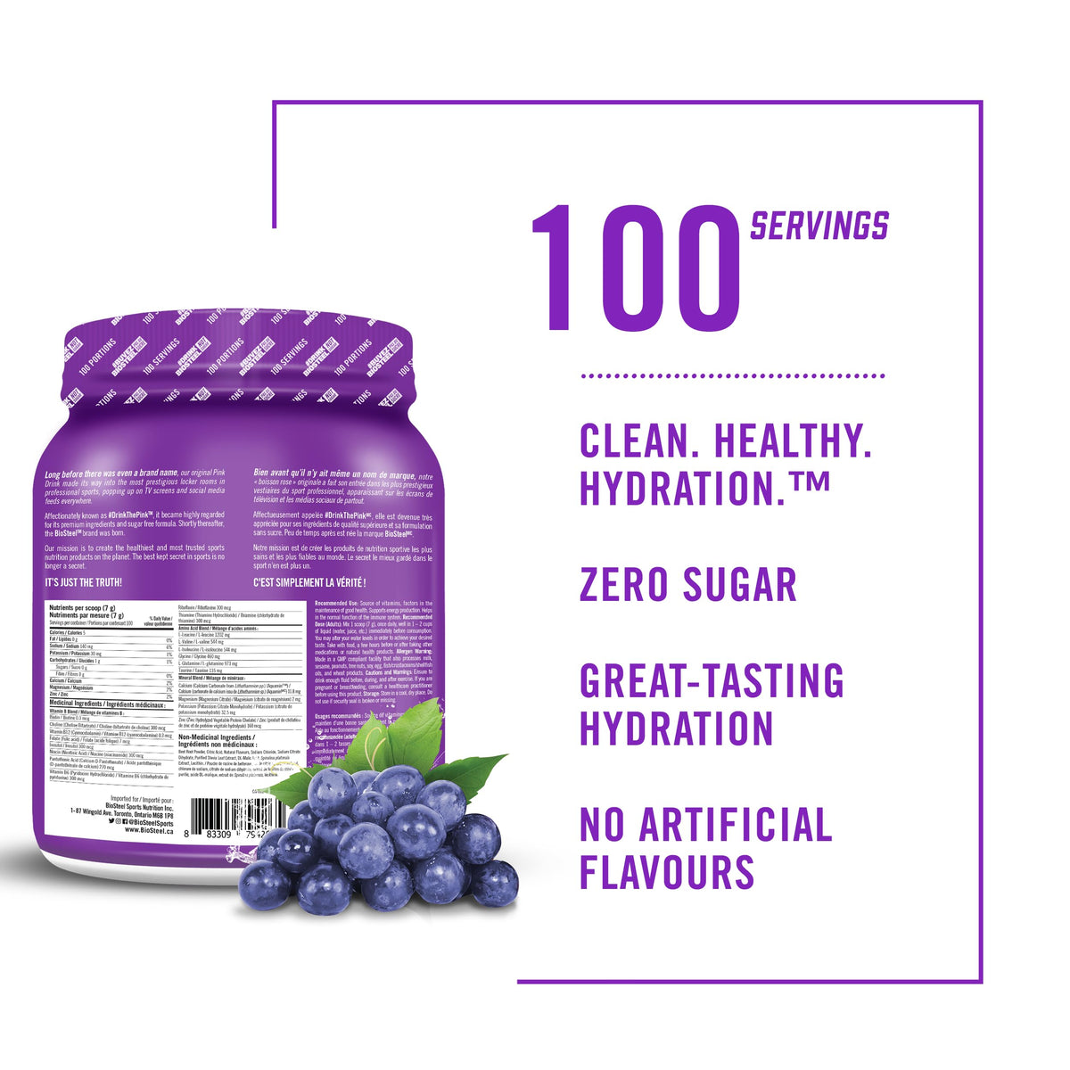 BioSteel Zero Sugar Electrolyte Hydration Mix, Grape, 100 Servings